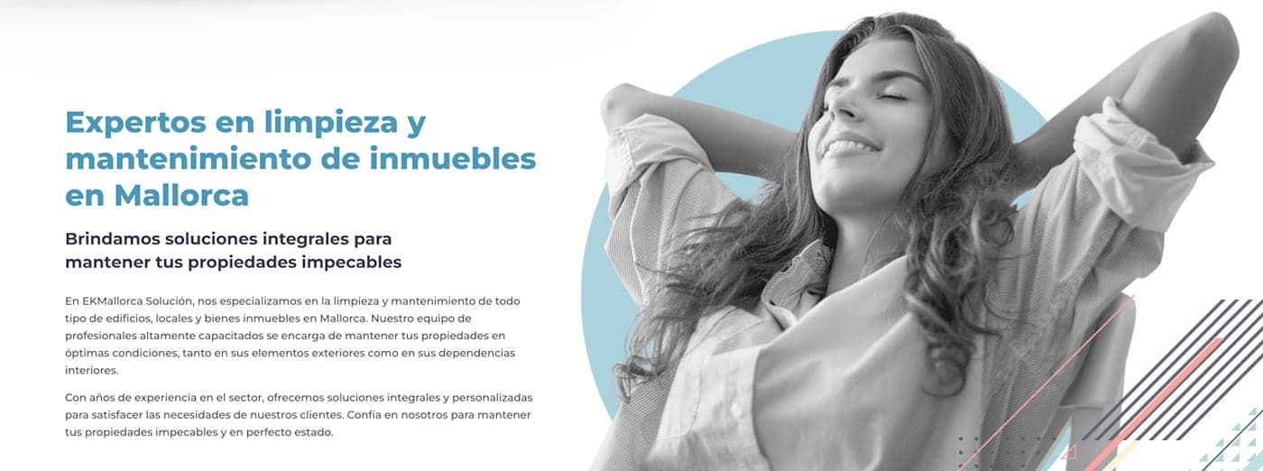 Web de EKM Mallorca en español con foto de una mujer relajada y titular sobre limpieza de inmuebles