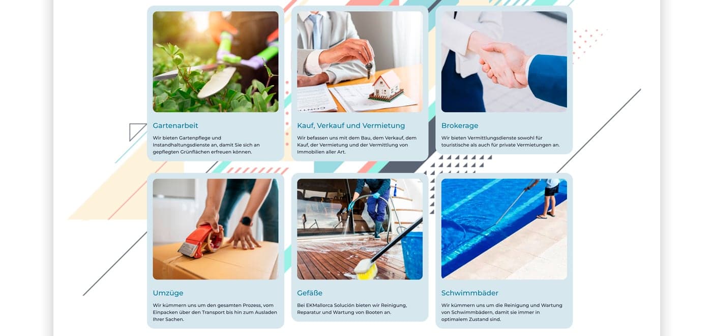 Cuadrícula de servicios con jardinería, compraventa, mudanzas y limpieza de piscinas