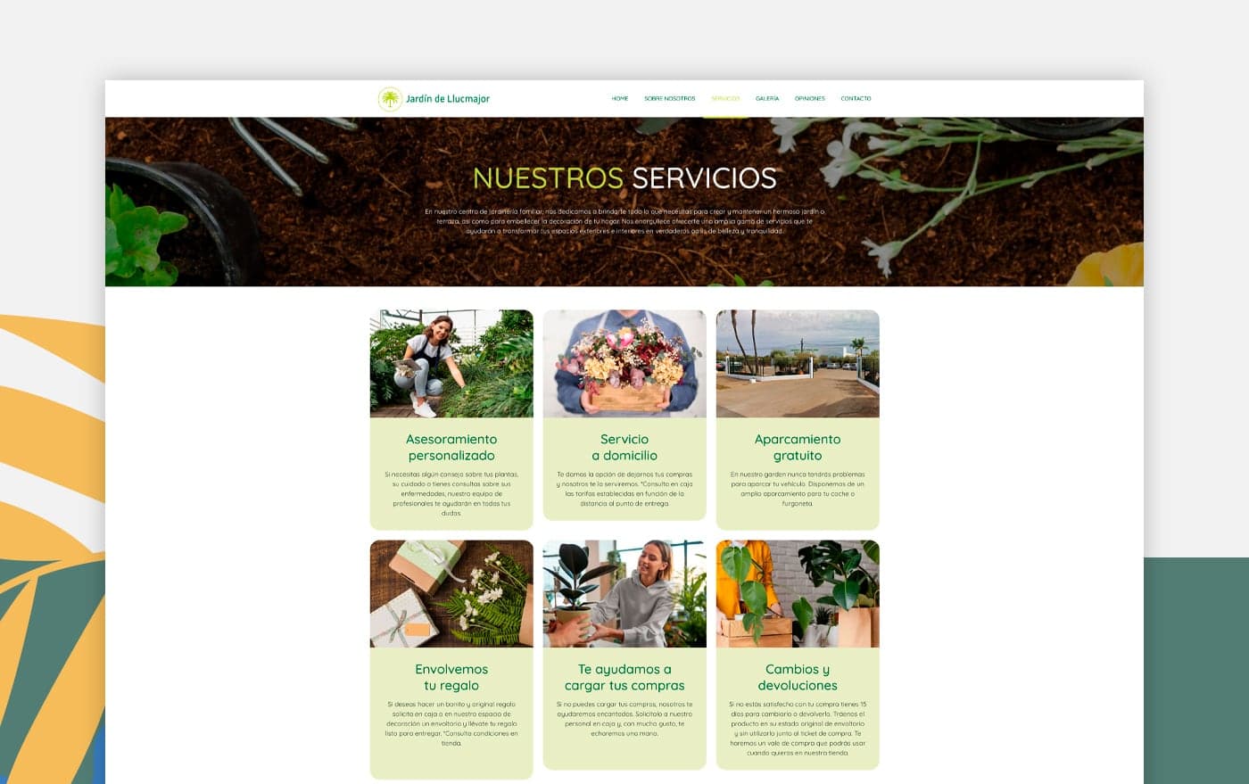 Sección de servicios con fotografías de asesoramiento y floristería