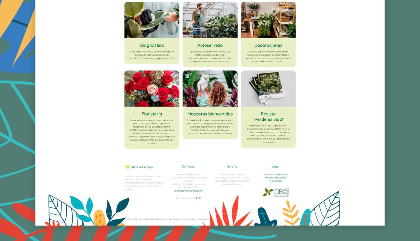 Tarjetas de servicios de diagnóstico, autoservicio y revista de jardinería