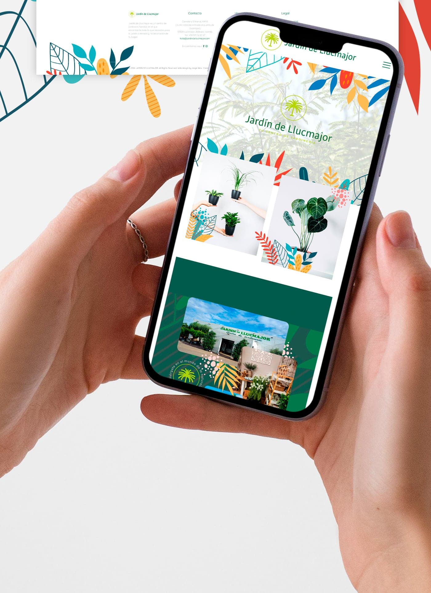 Mockup en móvil de la web con fotos de plantas y fachada