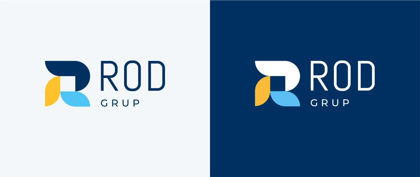 Logotip Rod Grup aplicat en positiu sobre fons clar i en negatiu sobre blau marí