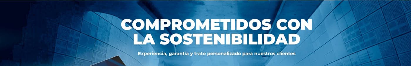 Bàner Compromesos amb la sostenibilitat sobre fotografia arquitectònica blava