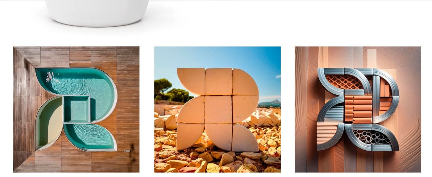 Composició fotogràfica del símbol R amb una piscina, pedres i materials de construcció