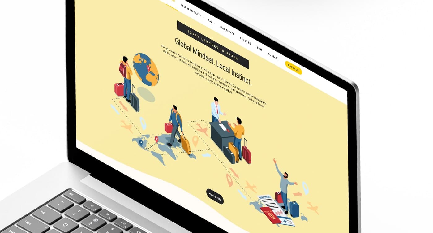Ordinador portàtil amb la il·lustració de viatgers i maletes de la web