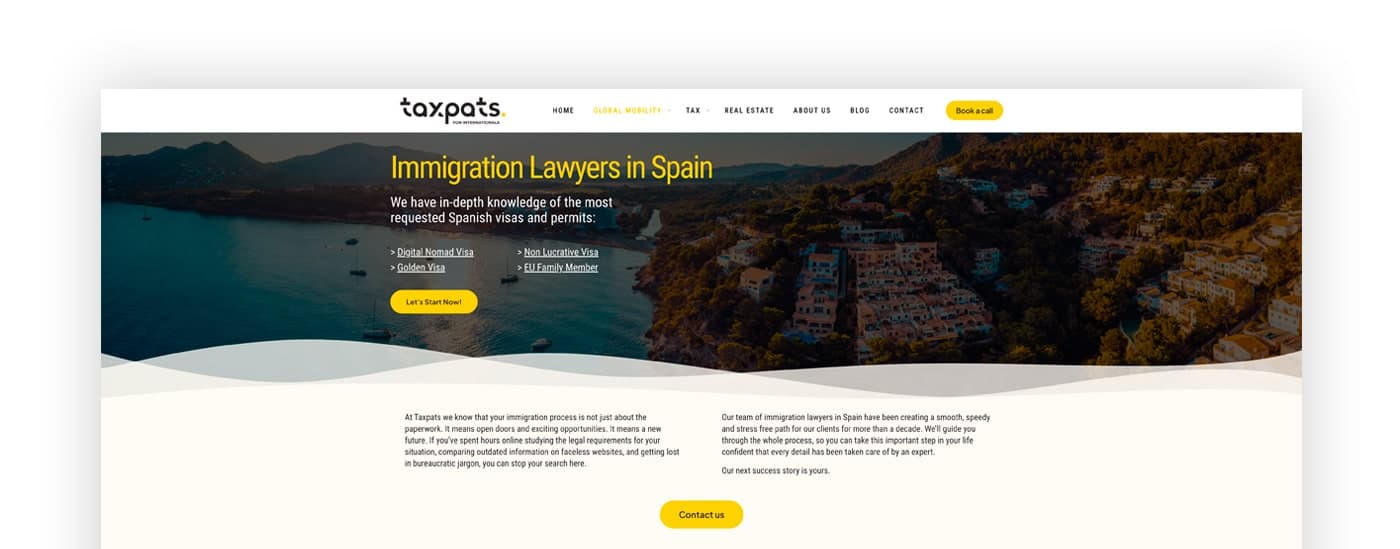 Capçalera Immigration Lawyers in Spain amb fotografia nocturna d'una cala