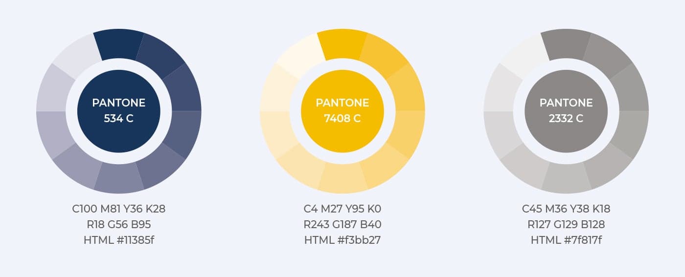 Paleta de colores corporativos en Pantone: azul marino, amarillo y gris