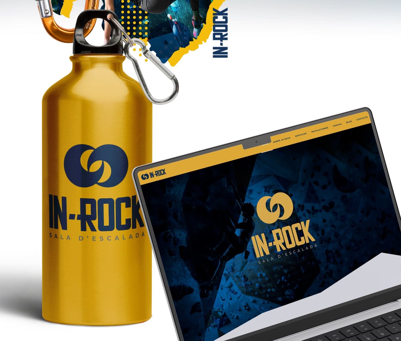 Cantimplora amarilla con el logotipo y portátil mostrando la web