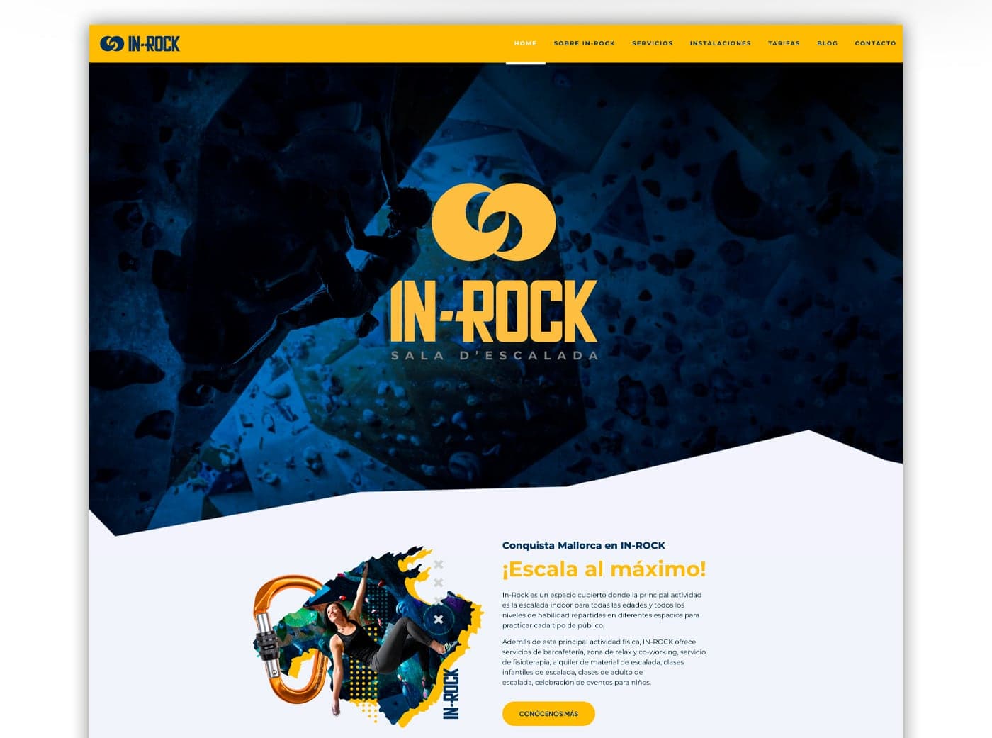 Página de inicio de la web con el logotipo sobre foto de escalador