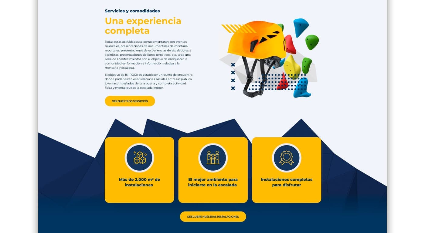 Sección de la web con casco amarillo y presas de escalada de colores