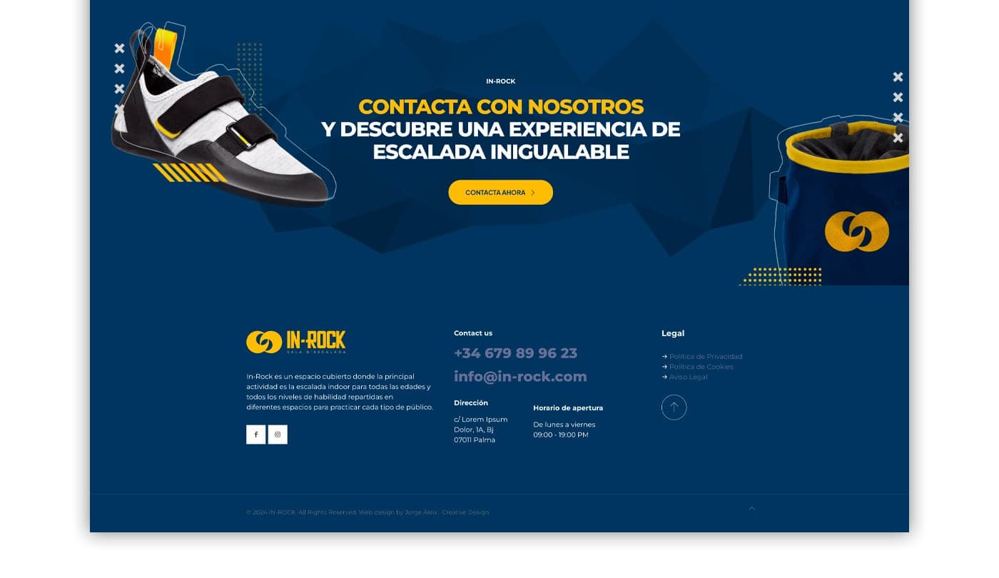 Pie de página web con zapatilla de escalada y bolsa de magnesio