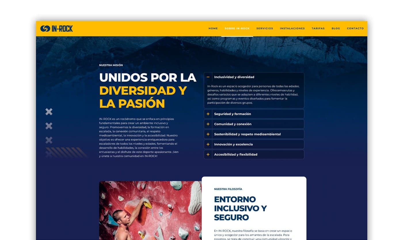 Sección 'Sobre In-Rock' con acordeón desplegable de valores de marca