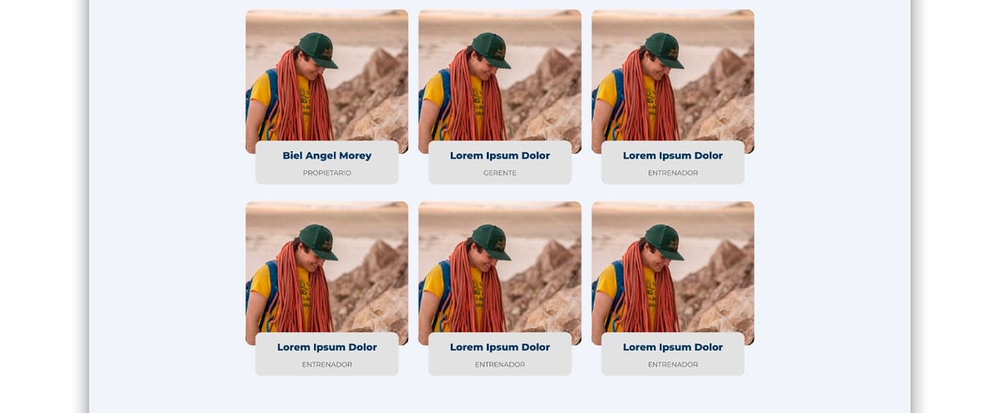 Mosaico de fichas del equipo con fotografía placeholder repetida