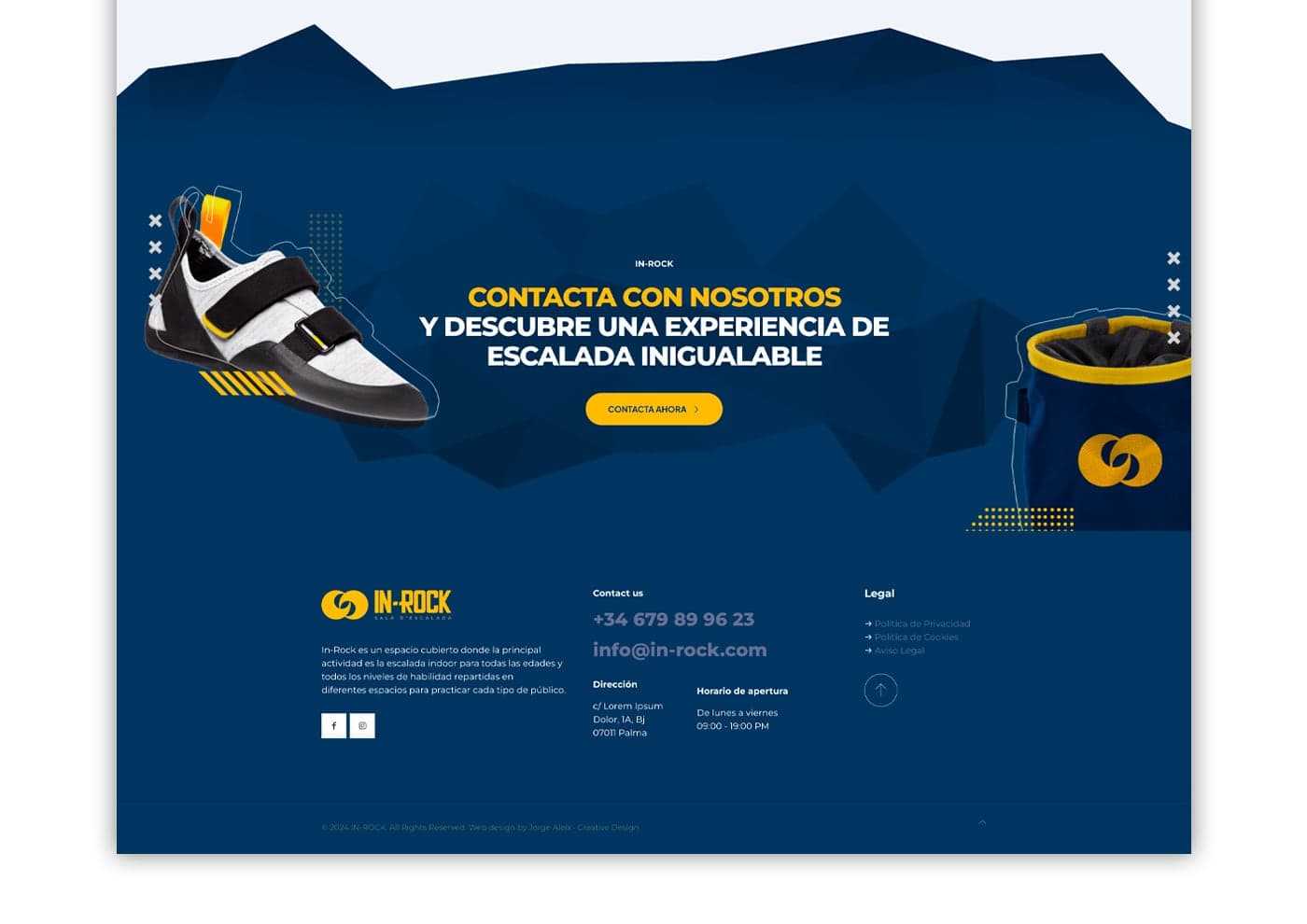 Pie de página de la web con zapatilla de escalada y bolsa de magnesio