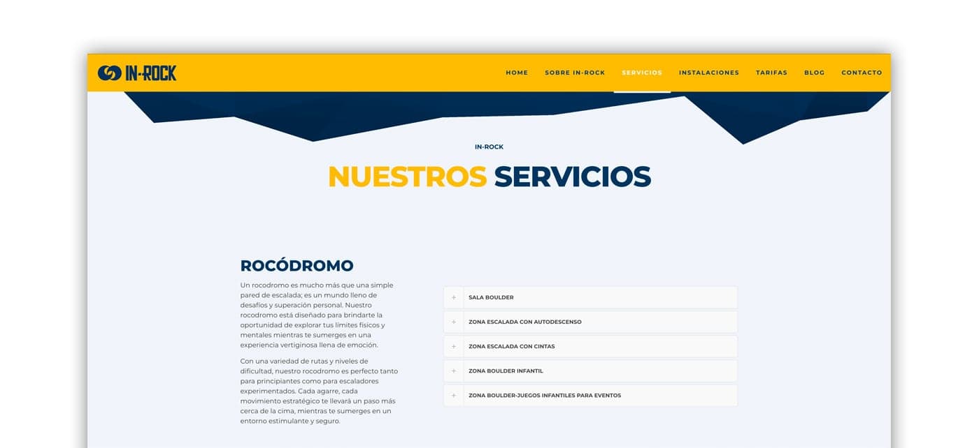 Página de servicios web listando las zonas del rocódromo