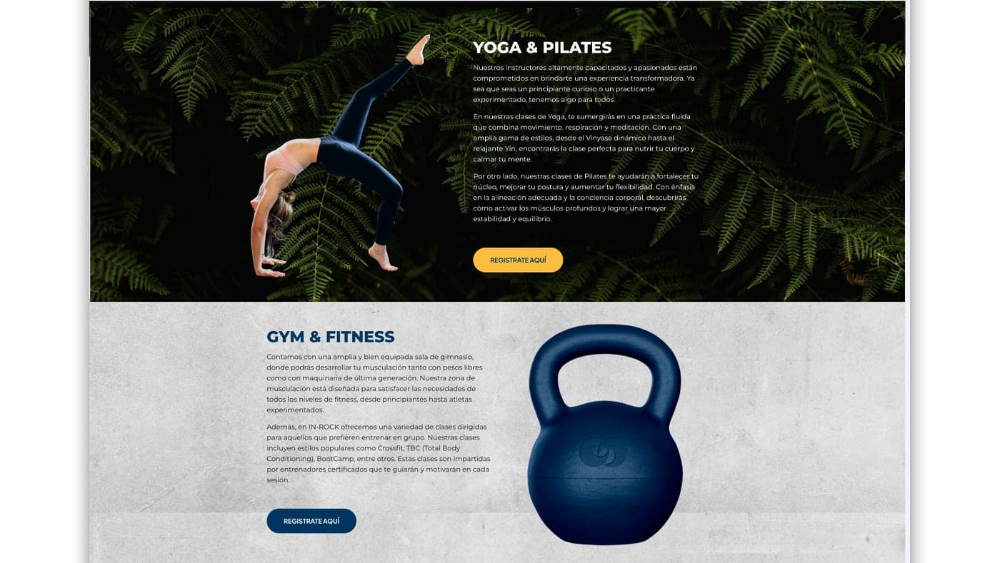 Sección de yoga, pilates y gimnasio con fotos de práctica deportiva