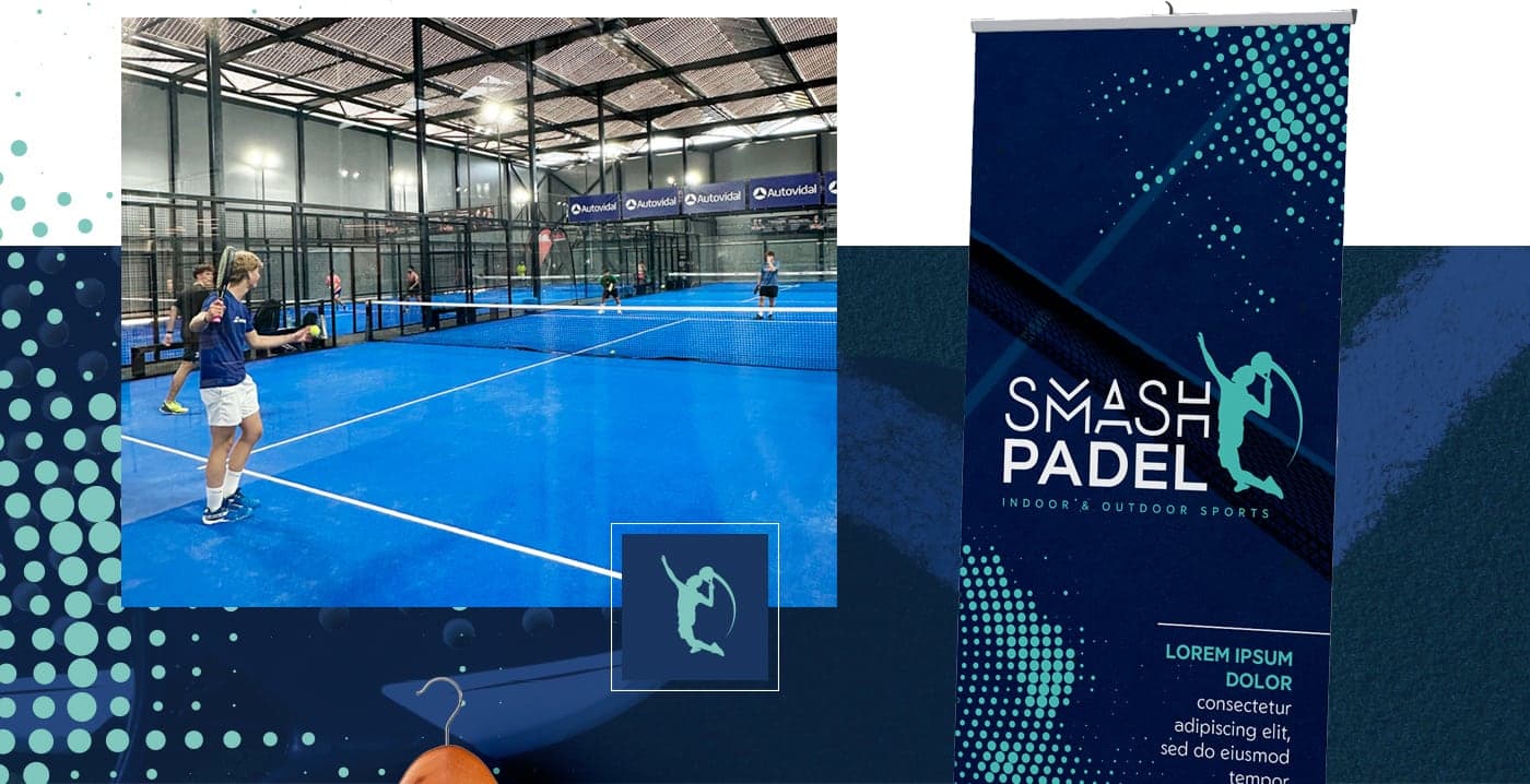Collage con la pista de pádel y un roll-up publicitario de la marca