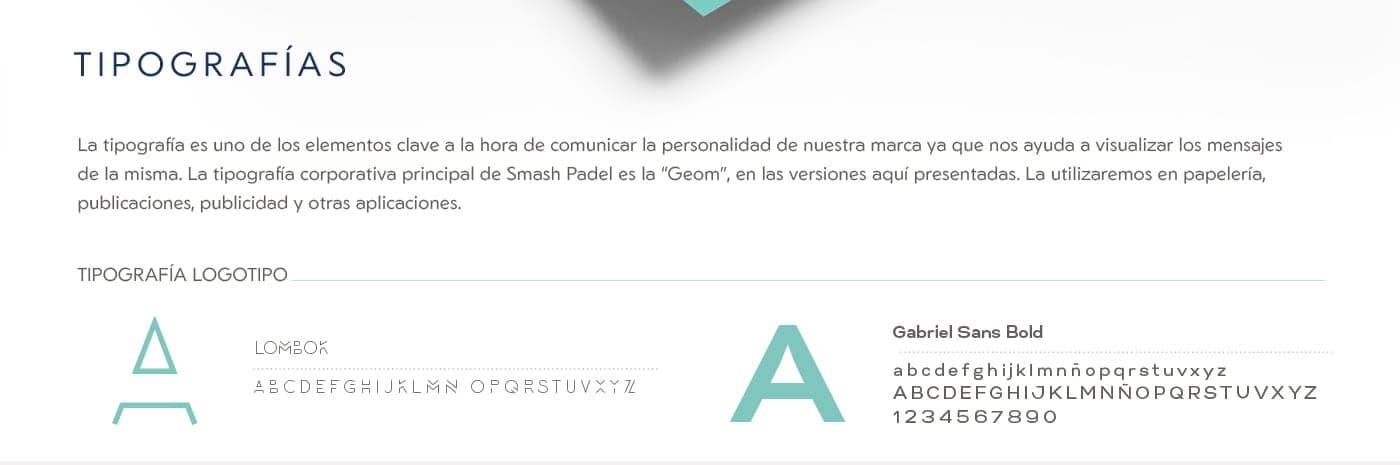 Página del manual con las tipografías corporativas Lombok y Gabriel Sans