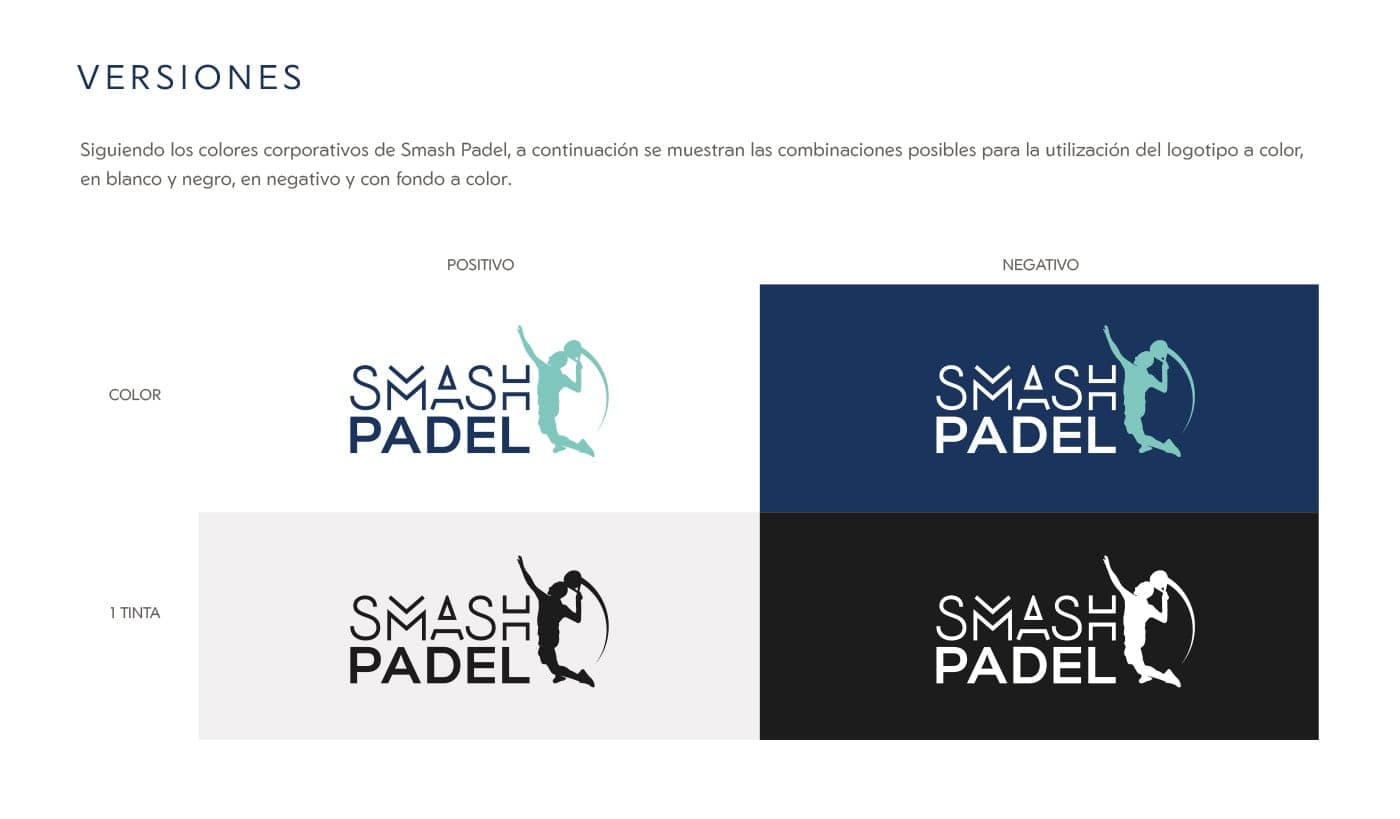 Tabla de versiones del logotipo en color, 1 tinta, positivo y negativo