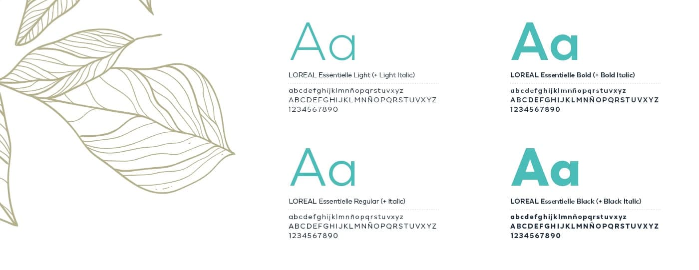 LOREAL Essentielle corporate typeface shown in its different weights