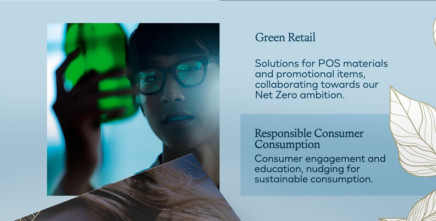 Person holding a green package next to text about sustainable retail