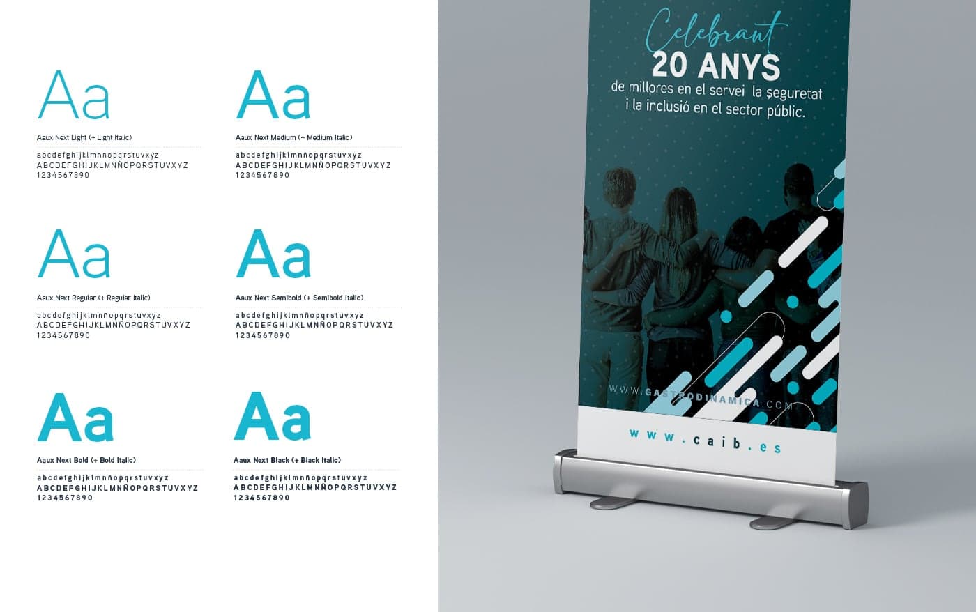 Aaux Next type specimen next to a 20th-anniversary commemorative roll-up