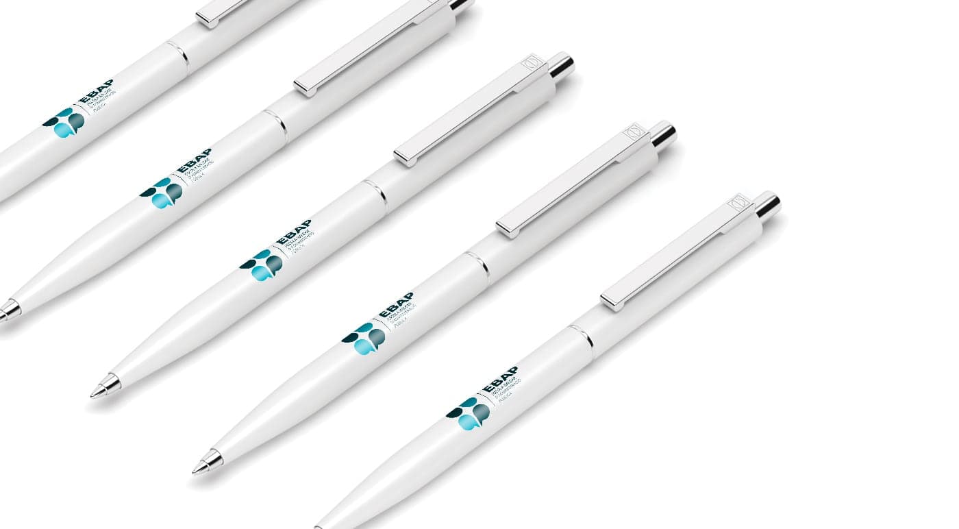 White pens with the EBAP logo printed in turquoise and dark blue