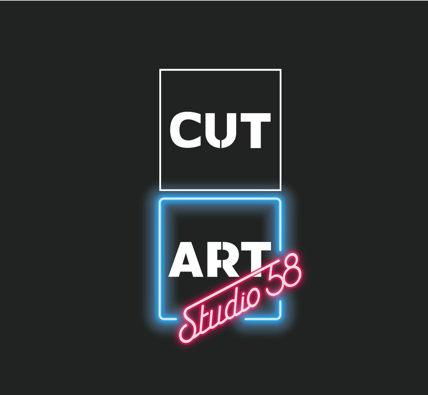 CUT ART Studio 58 logo with a neon effect on a dark grey background