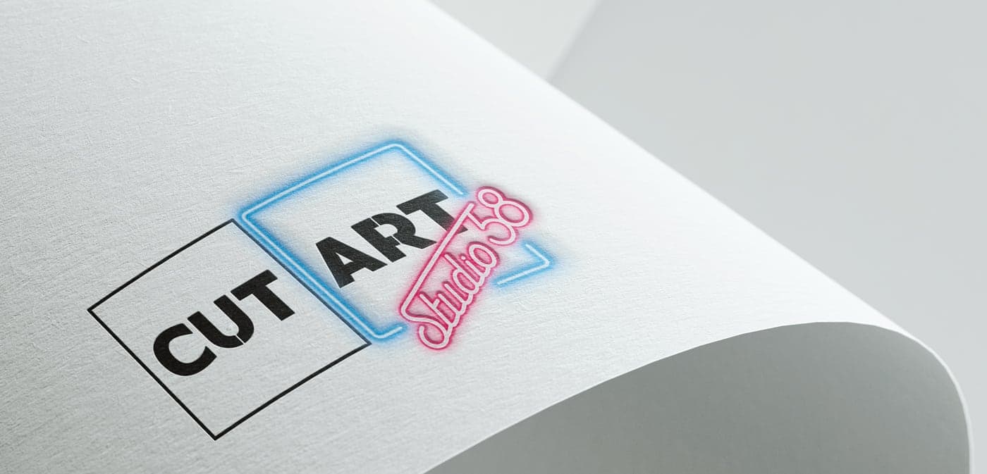 Logo with a blue and pink neon effect embossed on paper
