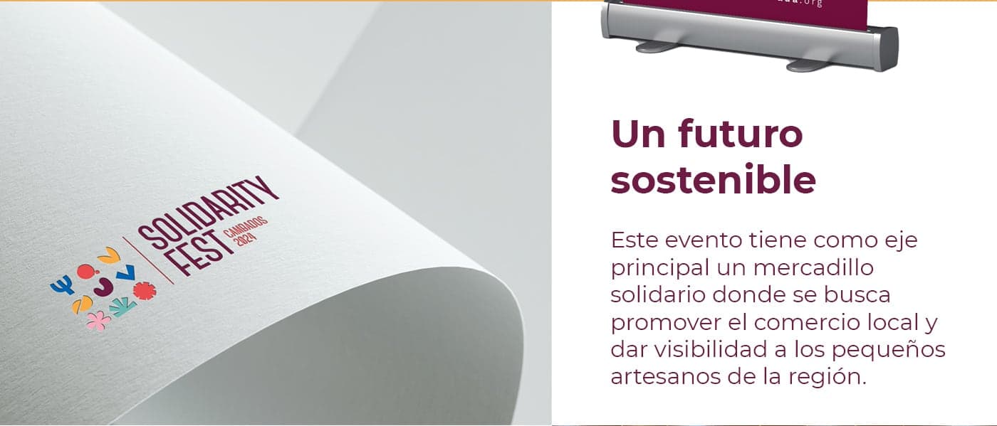 Roll-up con el logotipo sobre papel junto al texto Un futuro sostenible