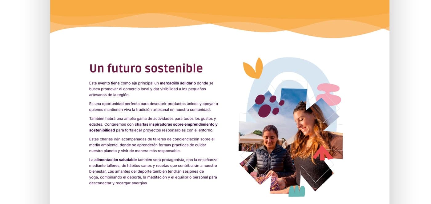 Sección Un futuro sostenible con collage fotográfico del mercadillo solidario
