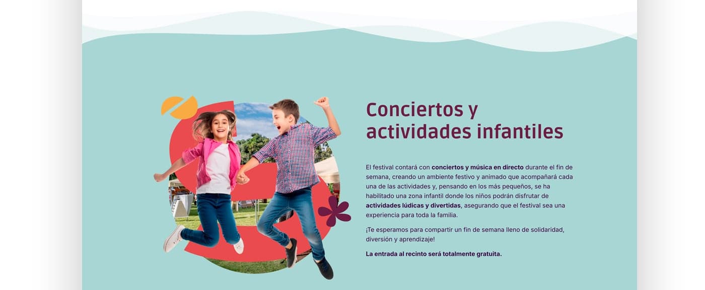 Sección Conciertos y actividades infantiles con fotografía de niños saltando
