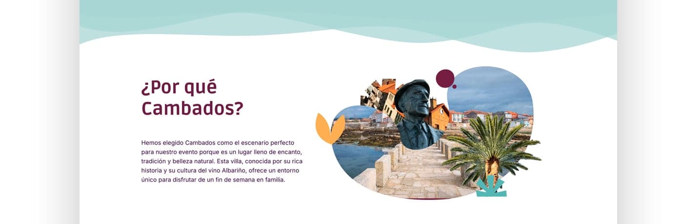 Sección Por qué Cambados con foto de una estatua y el paseo marítimo