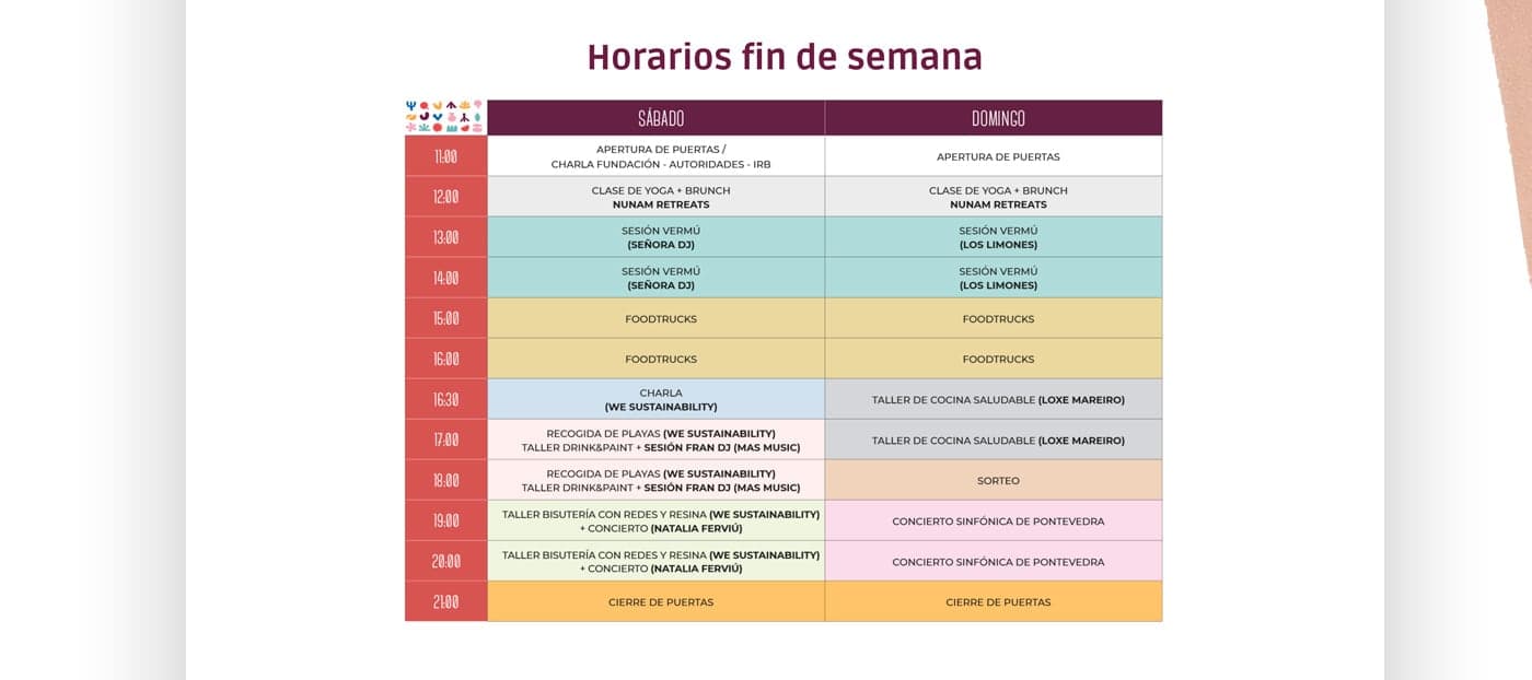 Tabla de horarios del fin de semana del festival, sábado y domingo