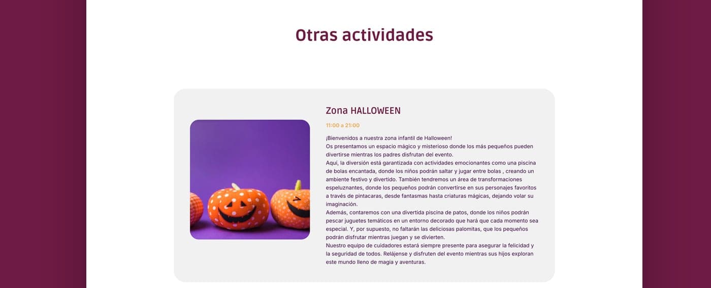 Sección Otras actividades con la Zona Halloween para niños