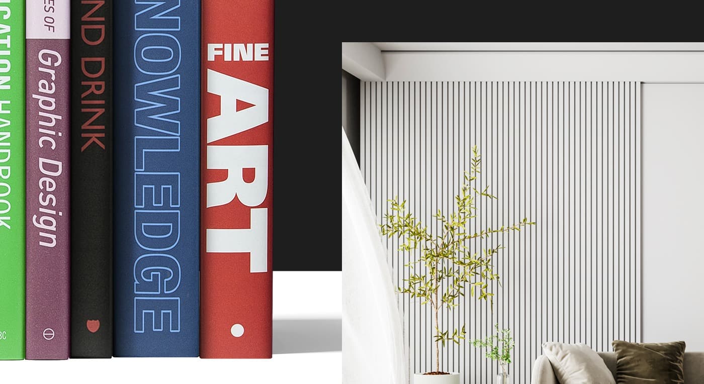 Lomos de libros de diseño junto a un interior con paneles de madera y una planta