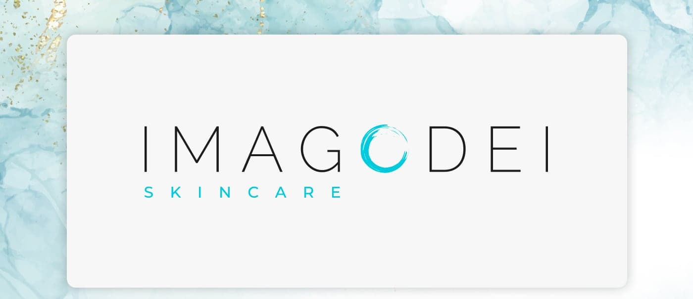 Logotip d'Imago Dei Skincare sobre una targeta amb marbre turquesa i daurat
