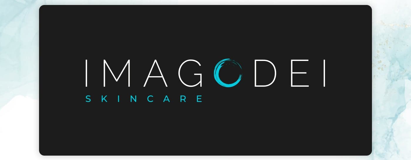 Logotip d'Imago Dei Skincare en blanc sobre fons negre