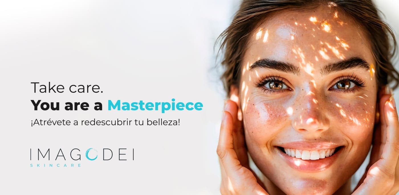 Bàner amb rostre femení i l'eslògan Take Care, You are a Masterpiece