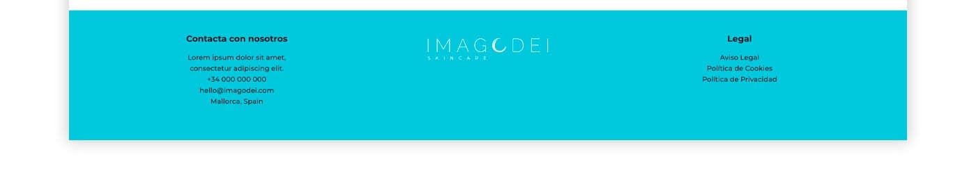 Peu de pàgina turquesa amb dades de contacte i enllaços legals