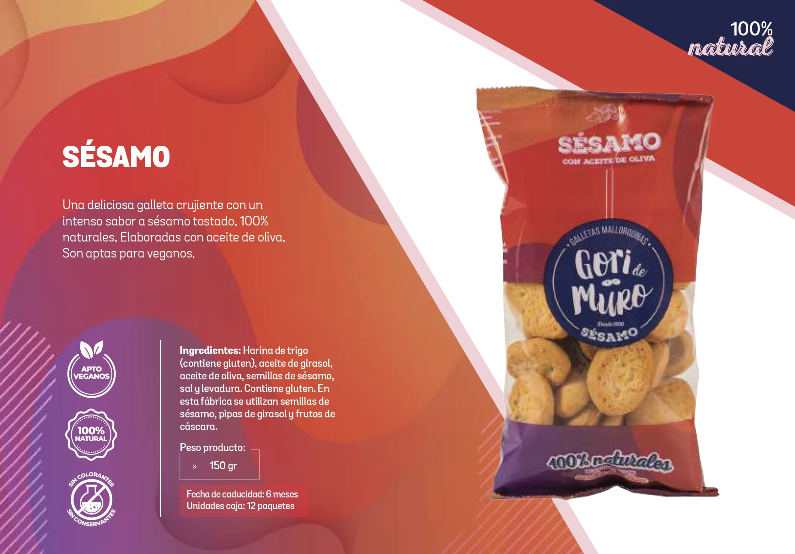 Packaging de galetes de sèsam Gori de Muro en bossa vermella amb cercle blau