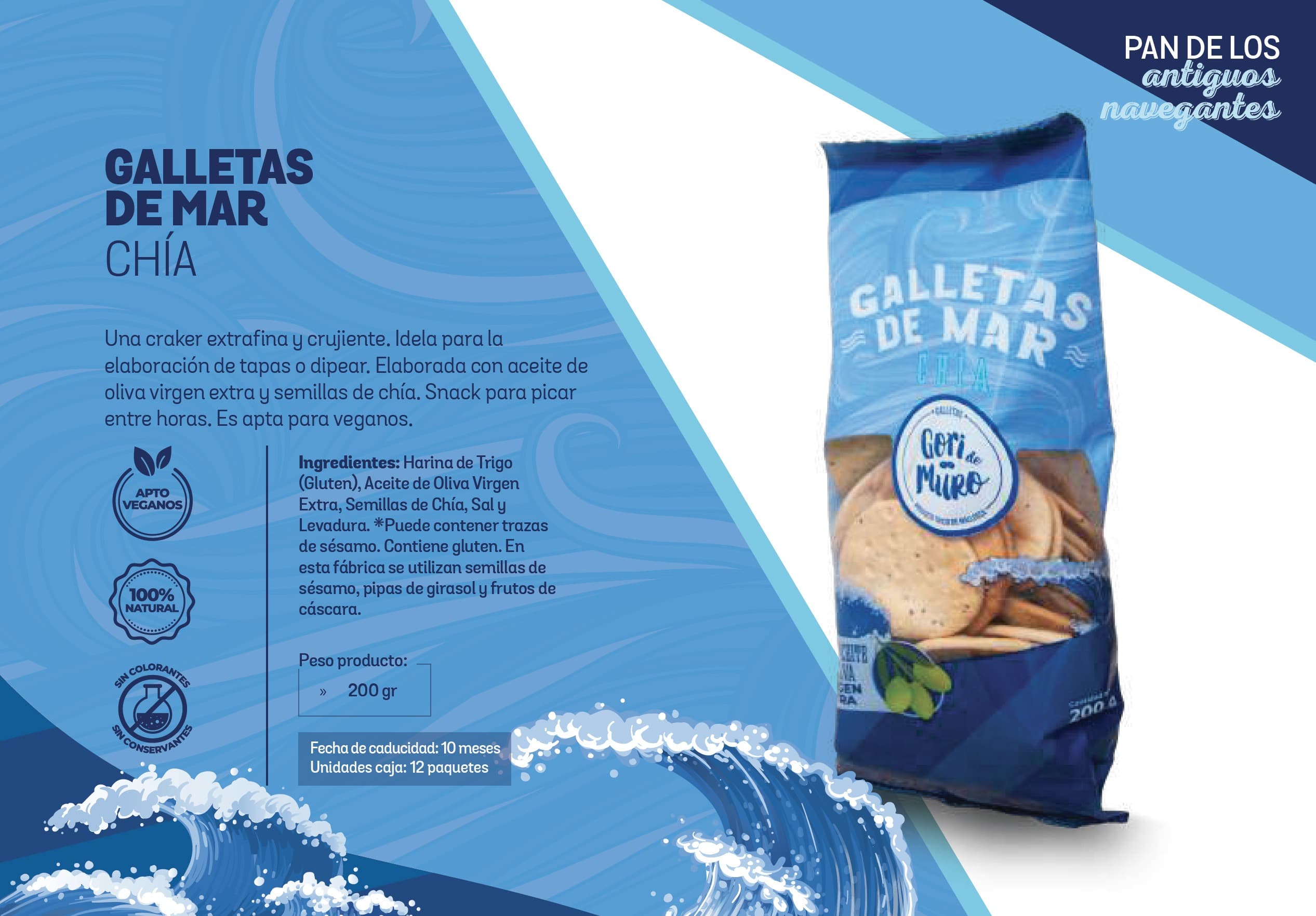 Packaging de galetes de mar amb xia Gori de Muro en bossa blava amb onades