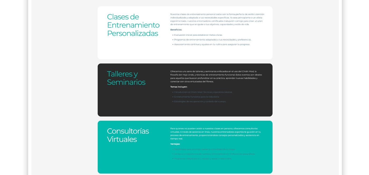 Llistat de serveis amb les targetes de classes personalitzades, tallers i consultories virtuals