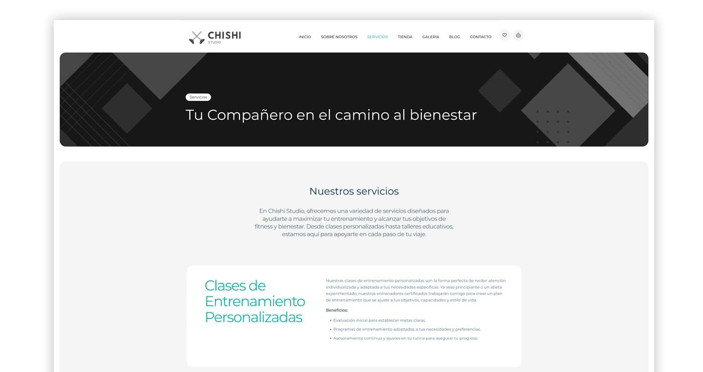 Vista completa de la pàgina de serveis amb capçalera, llistat i primera targeta de classes