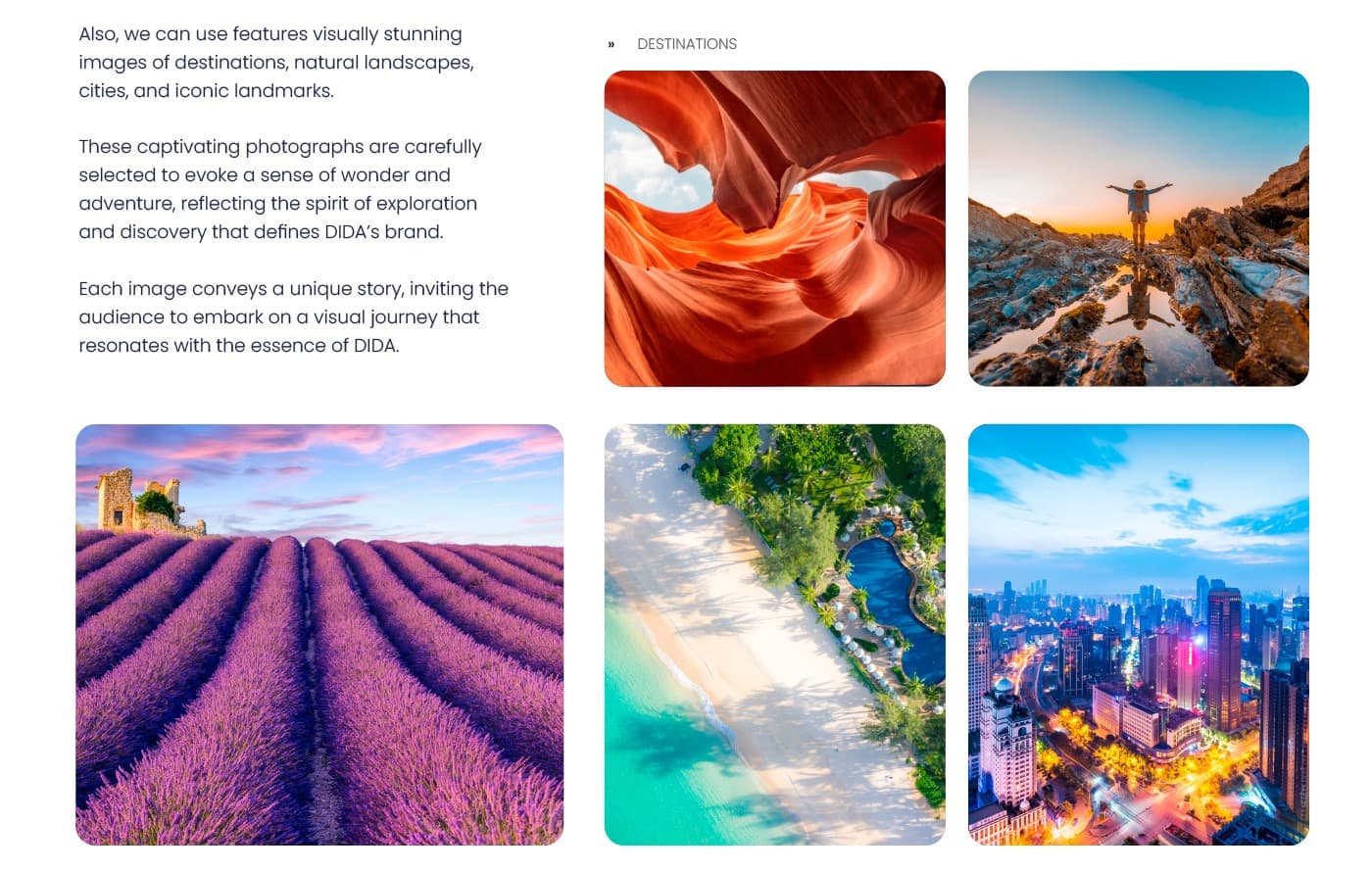 Fotografías de destinos turísticos: cañón, montaña, lavanda, playa y ciudad