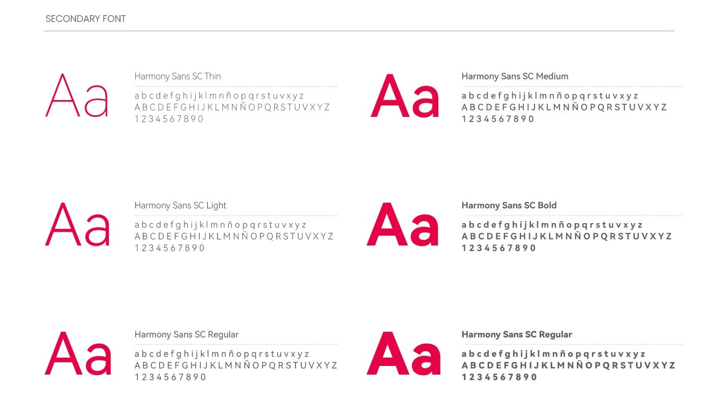 Muestra de la tipografía secundaria Harmony Sans SC en distintos pesos