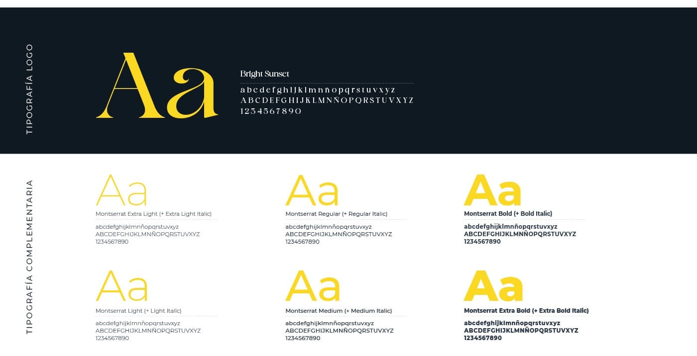 Muestra tipográfica con la fuente script Bright Sunset del logotipo y la familia Montserrat de apoyo