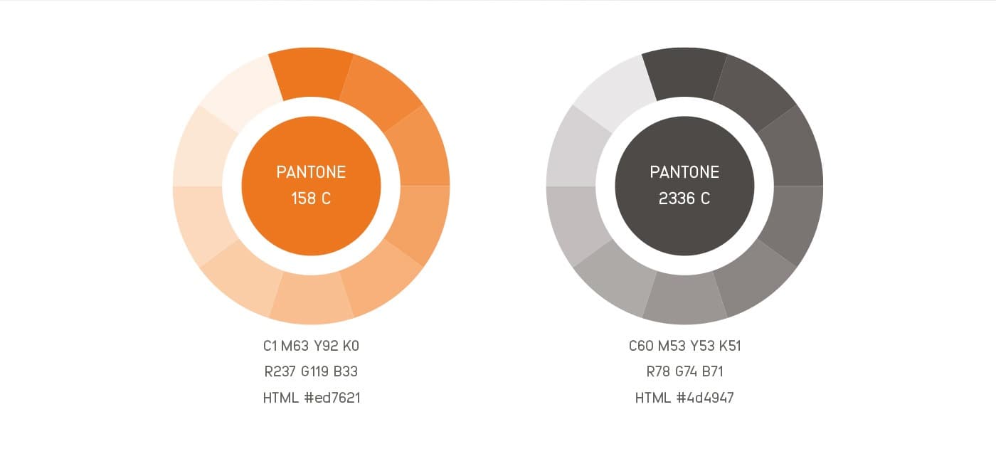 Paleta cromàtica de la marca amb els tons Pantone taronja i gris fosc
