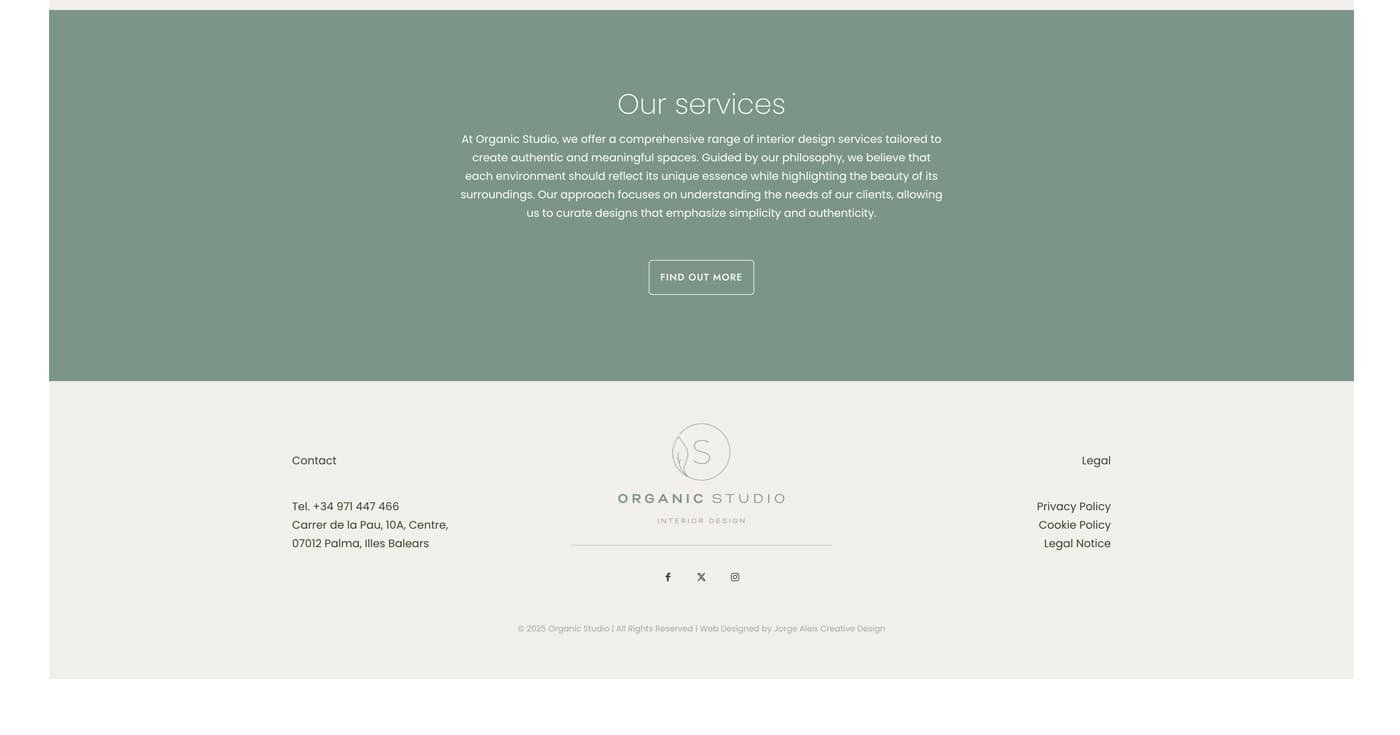 Sección de servicios de la web con fondo verde salvia y pie de página