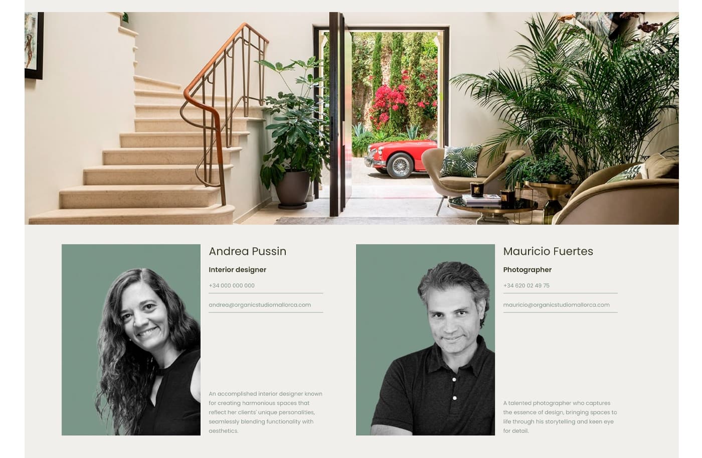Fotografía de una escalera y patio con coche rojo, junto a los perfiles del equipo